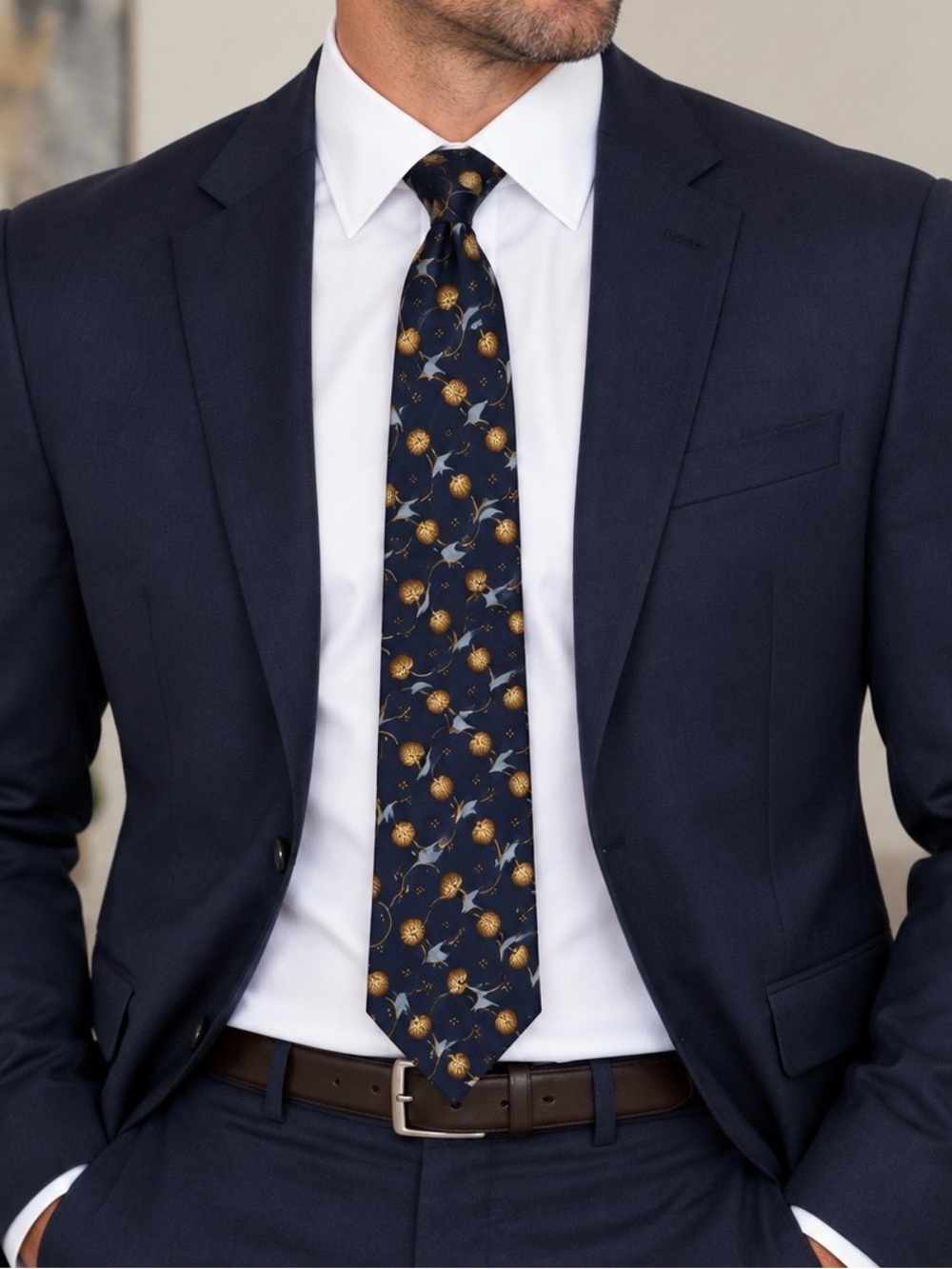 Nautica Navy Silk Tie with Gold Floral Pattern